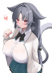 Rule 34 | 1girl, absurdres, animal ears, azur lane, black hair, blouse, braid, breasts, cardigan, cat ears, cat girl, cat tail, collared shirt, covered erect nipples, elegant (sumisumi4268), hand up, highres, huge breasts, long hair, neck ribbon, official alternate costume, ooshio (azur lane), ooshio (let&#039;s &#039;ave lunch) (azur lane), open cardigan, open clothes, parted bangs, pleated skirt, ribbon, school uniform, shirt, skirt, solo, tail, white background, white shirt
