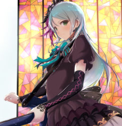 Rule 34 | 1girl, bang dream!, black sleeves, blush, brown dress, closed mouth, detached sleeves, dress, earrings, feather hair ornament, feathers, floating hair, green eyes, guitar, hair between eyes, hair ornament, highres, hikawa sayo, holding, holding instrument, instrument, jewelry, layered dress, long hair, long sleeves, music, ochi r, playing instrument, roselia (bang dream!), short sleeves, silver hair, solo, stained glass, standing, very long hair