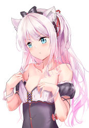 Rule 34 | 1girl, :t, absurdres, animal ear fluff, animal ears, azur lane, bare shoulders, black bow, black dress, blue eyes, blush, bow, breasts, cat ears, closed mouth, collarbone, detached sleeves, dress, hair bow, hair ribbon, hammann (azur lane), head tilt, highres, long hair, one side up, pink hair, pout, puffy short sleeves, puffy sleeves, red bow, red ribbon, ribbon, short sleeves, simple background, small breasts, solo, strapless, strapless dress, sunhyun, upper body, very long hair, white background, wrist cuffs