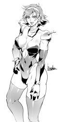 Rule 34 | 1girl, artist name, bodysuit, bowalia, breasts, covered navel, feet out of frame, g gundam, greyscale, gundam, hairband, hand on thigh, lipstick, makeup, medium breasts, monochrome, open mouth, rain mikamura, short hair, signature, simple background, solo, thighs, white background