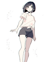 Rule 34 | 1girl, black hair, commentary request, creatures (company), eyelashes, from below, game freak, grey eyes, highres, knees, nintendo, parted lips, pokemon, pokemon sm, selene (pokemon), shirt, short hair, short sleeves, shorts, signature, solo, tere asahi, tied shirt, white background