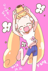 Rule 34 | 1girl, :d, ^ ^, arms up, artist name, blonde hair, blue shorts, blush, closed eyes, commentary request, dated, floral print, flower, food, holding, holding plate, long hair, low twintails, makihatayama hana, ojamajo doremi, open mouth, pink background, plate, pudding, rapisu, shirt, shorts, smile, solo, standing, standing on one leg, twintails, very long hair, white flower, white shirt, wing hair ornament