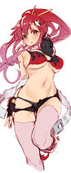 Rule 34 | 1girl, bikini, black gloves, blush, breasts, clothes pull, fingerless gloves, gloves, hair ornament, hatching (texture), highres, large breasts, linear hatching, looking at viewer, micro shorts, navel, pink thighhighs, red hair, shorts, shorts pull, simple background, sketch, skull hair ornament, solo, swimsuit, tatami to hinoki, tengen toppa gurren lagann, thighhighs, white background, yoko littner