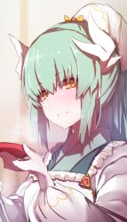 Rule 34 | 1girl, absurdres, apron, bad id, bad twitter id, blue kimono, blurry, blurry background, blush, bow, breasts, commentary request, depth of field, dragon horns, fate/grand order, fate (series), green hair, hair between eyes, hair bow, hands up, head tilt, high ponytail, highres, holding, horns, japanese clothes, kappougi, kimono, kiyohime (fate), long hair, looking at viewer, medium breasts, orange eyes, parted lips, ponytail, sidelocks, smile, solo, wada kazu, yellow bow