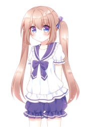 Rule 34 | 1girl, :o, blue bow, blue eyes, blue sailor collar, blue shorts, blush, bow, hair between eyes, hair bow, himetsuki luna, light brown hair, long hair, looking at viewer, original, parted lips, puffy short sleeves, puffy shorts, puffy sleeves, sailor collar, sailor shirt, shirt, short shorts, short sleeves, shorts, simple background, solo, twintails, very long hair, white background, white shirt