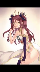 Rule 34 | 1girl, bad id, bad pixiv id, bare shoulders, black ribbon, breasts, brown hair, cleavage, closed mouth, cosplay, earrings, elbow gloves, fate/grand order, fate (series), fingerless gloves, gloves, hair ribbon, highres, ishtar (fate), ishtar (fate) (cosplay), jewelry, letterboxed, long hair, looking at viewer, love live!, love live! sunshine!!, medium breasts, navel, ribbon, sakurauchi riko, single glove, smile, solo, ten-chan (eternal s), tohsaka rin, twintails, two side up, yellow eyes
