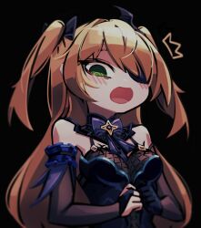 Rule 34 | 1girl, ^^^, black background, black bow, blonde hair, blue dress, blue gloves, blurry, blush, bow, bowtie, breasts, bridal gauntlets, cleavage, commentary, detached collar, dress, elbow gloves, eyebrows hidden by hair, eyepatch, fischl (genshin impact), fishnet top, fishnets, genshin impact, gloves, green eyes, hair bow, hair over one eye, long hair, looking at viewer, looking down, makaroll, medium breasts, open mouth, own hands together, purple bow, purple bowtie, single bridal gauntlet, single hair intake, sleeveless, sleeveless dress, solo, spaghetti strap, star (symbol), surprised, swept bangs, two side up, upper body