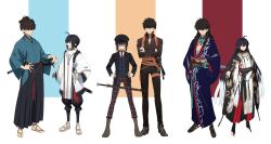 1boy 1other absurdres ahoge amulet androgynous aqua_gloves belt black_hair black_hakama black_jacket black_pants blue_eyes blue_kimono body_markings brown_belt cabbie_hat choker collared_shirt collared_vest command_spell crossed_arms fate/grand_order fate/samurai_remnant fate_(series) fingerless_gloves full_body gloves hair_down hair_intakes hakama hakama_pants hand_on_own_hip hands_on_own_hips hat highres jacket jade_(gemstone) japanese_clothes jewelry katana kimono long_braid long_hair long_sleeves looking_at_another low_ponytail miyamoto_iori_(fate) miyamoto_iori_(phantasmal_dress)_(fate) multicolored_pants nagatekkou necklace necktie ninjin_(ne_f_g_o) other_with_male pants partially_toeless_legwear pinstripe_pattern pinstripe_shirt plaid_clothes plaid_pants red-framed_eyewear red_necktie sheath sheathed shirt sidelocks simple_background striped_clothes striped_shirt suit_jacket sword thigh_belt thigh_strap tie_clip topknot two-tone_pants vertical-striped_clothes vertical-striped_shirt very_long_hair vest waraji weapon weapon_on_back white_shirt wide_sleeves yamato_takeru_(fate) yamato_takeru_(second_ascension)_(fate) yamato_takeru_(third_ascension)_(fate) yellow_eyes