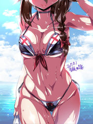 Rule 34 | 10s, 1girl, 2017, adapted costume, bikini, black bikini, black hair, braid, breasts, cleavage, cloud, cowboy shot, dated, day, front-tie top, hair over shoulder, hair ribbon, head out of frame, kantai collection, looking at viewer, medium breasts, miuku (marine sapphire), navel, red ribbon, ribbon, shigure (kancolle), side-tie bikini bottom, signature, single braid, smile, solo, swimsuit, twitter username, wet