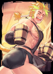 Rule 34 | 1boy, alcohol, animal ears, apron, ass, bara, beer, black apron, black shorts, blonde hair, closed eyes, cup, highres, holding, holding cup, large pectorals, male focus, muscular, muscular male, nipples, original, pectorals, ponytail, short hair, shorts, side slit, sidepec, smile, solo, tail, thick thighs, thighs, tiger boy, tiger ears, tiger tail, waiter, waku (ayamix)