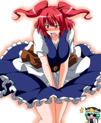 Rule 34 | 2girls, ^^^, belt, blush, breasts, chibi, clothes lift, covering privates, covering crotch, dress, dress lift, dress tug, embarrassed, female focus, frills, hair bobbles, hair ornament, hat, large breasts, multiple girls, o o, onozuka komachi, red eyes, red hair, rod of remorse, shiki eiki, shouji nigou, skirt, skirt tug, touhou, twintails, two side up, v arms, wind, wind lift