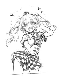 Rule 34 | 1girl, :d, blush, cellphone, checkered clothes, checkered skirt, collared shirt, commentary request, contrapposto, greyscale, hair ribbon, hand up, hat, heart, highres, himekaidou hatate, holding, holding phone, long hair, mini hat, monochrome, naegi (naegidokoro), necktie, open mouth, outstretched arm, phone, puffy short sleeves, puffy sleeves, ribbon, shirt, short sleeves, simple background, skirt, smile, solo, tokin hat, touhou, twintails, w, white background
