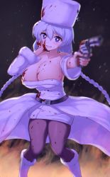 Rule 34 | 1girl, absurdres, avrora (azur lane), azur lane, black pantyhose, blood, blood in hair, blood on clothes, blood on face, blood on hands, blood splatter, bloody weapon, blue eyes, blush, boots, braid, breasts, cleavage, collarbone, detached sleeves, dress, fur hat, gun, handgun, hat, heart, heart-shaped pupils, highres, holding, holding gun, holding weapon, huge breasts, long hair, looking at viewer, open mouth, pantyhose, revolver, sauvignon, silver hair, solo, symbol-shaped pupils, twin braids, ushanka, very long hair, wavy mouth, weapon, white dress, white footwear, white hat, yandere