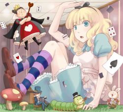 Rule 34 | 1boy, 2girls, :o, alice (alice in wonderland), alice in wonderland, blonde hair, blue eyes, card, caterpillar, caterpillar (alice in wonderland), chair, crossed arms, crossed legs, crown, drinking, giant, giantess, grass, hair ribbon, hat, heart, kneehighs, legs up, loafers, long hair, mad hatter (alice in wonderland), multiple girls, mushroom, open mouth, playing card, pocket watch, puffy short sleeves, puffy sleeves, queen of hearts (alice in wonderland), rabbit, ribbon, shoes, short sleeves, sitting, smoking, smoking pipe, socks, staff, striped clothes, striped legwear, striped socks, surprised, top hat, transformation, waasa, watch, white rabbit (alice in wonderland)