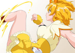 Rule 34 | 1girl, blonde hair, bow, cure pine, earrings, fresh precure!, from side, fuchi (nightmare), hair bow, hair ornament, heart, heart earrings, heart hair ornament, jewelry, layered skirt, medium hair, miniskirt, motion blur, open mouth, orange bow, precure, profile, red socks, shiny skin, shirt, short sleeves, side ponytail, skirt, socks, solo, white background, white shirt, wrist cuffs, yellow skirt