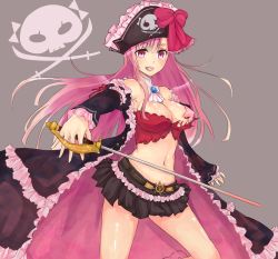 Rule 34 | 10s, 1girl, ascot, bad id, bad pixiv id, belt, bow, breasts, bustier, captain liliana, frills, guiyu (cindy), hat, jolly roger, large breasts, long hair, midriff, miniskirt, navel, pasties, pink eyes, pink hair, pirate, pirate hat, pleated skirt, queen&#039;s blade, queen&#039;s blade rebellion, rapier, ribbon, skirt, skull and crossed swords, solo, star pasties, sword, torn clothes, very long hair, weapon