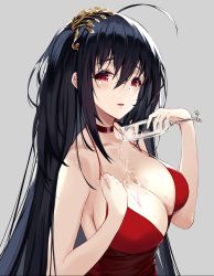 Rule 34 | 1girl, ahoge, alcohol, augu (523764197), azur lane, bare shoulders, black hair, blush, breasts, champagne flute, choker, cleavage, collarbone, cup, dress, drinking glass, glass, hair between eyes, hair ornament, large breasts, long hair, looking at viewer, official alternate costume, pouring, pouring onto self, red dress, red eyes, solo, taihou (azur lane), taihou (forbidden feast) (azur lane), very long hair, wine, wine glass