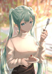 Rule 34 | 1girl, absurdres, aqua hair, ayayayume, blue eyes, blurry, blurry background, cake, cake slice, closed mouth, floating hair, food, fork, hair intakes, hatsune miku, highres, holding, holding fork, holding plate, long hair, long sleeves, plate, ribbed sweater, smile, solo, sweater, turtleneck, turtleneck sweater, twintails, twitter logo, twitter username, very long hair, vocaloid, white sweater
