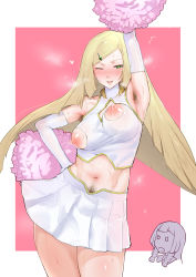 Rule 34 | 2girls, ;d, alternate breast size, arm up, armpit hair, bad id, bad pixiv id, blonde hair, blush, breasts, cheerleader, colored skin, contrapposto, cowboy shot, creatures (company), detached sleeves, elbow gloves, excessive pubic hair, female pubic hair, game freak, gloves, green eyes, hair ornament, hairclip, heart, heart-shaped pupils, highres, ikuchan kaoru, lactation, large breasts, lillie (pokemon), long hair, looking at another, looking at viewer, lusamine (pokemon), mature female, midriff, mother and daughter, multicolored skin, multiple girls, navel, nintendo, nippleless clothes, nipples, o o, one eye closed, open mouth, partially colored, pokemon, pokemon sm, pom pom (cheerleading), pubic hair, pubic hair peek, revision, skirt, smile, standing, sweat, symbol-shaped pupils, teeth, very long hair, white gloves