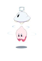 Rule 34 | 1boy, colored skin, commentary, floating, highres, kirby, kirby (series), mikanbananala, nintendo, pink skin, pulling, red footwear, shoes, simple background, ufo, ufo (kirby), white background