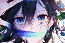 Rule 34 | 1girl, 58 (opal 00 58), blue eyes, blurry, bug, butterfly, close-up, commentary, covered mouth, crossed bangs, eye focus, grey background, hair between eyes, highres, insect, light particles, looking at viewer, original, portrait, solo, tagme, water drop