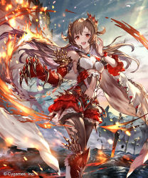 Rule 34 | 1girl, 77gl, :d, bare shoulders, breasts, brown hair, clothing cutout, dragon claw, fire, frills, long hair, looking at viewer, medium breasts, navel, navel cutout, open mouth, red eyes, shadowverse, smile, solo, standing