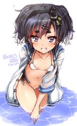 Rule 34 | 1girl, bad id, bad pixiv id, bikini, bikini under clothes, black hair, blush, breasts, dress, graphite (medium), hair ornament, highres, kantai collection, long hair, looking at viewer, mechanical pencil, micro bikini, pencil, purple hair, sailor collar, sailor dress, side-tie bikini bottom, simple background, small breasts, smile, solo, swimsuit, swimsuit under clothes, thick eyebrows, thighs, tokitsukaze (kancolle), traditional media, wading, wet, wet clothes, wet hair, white background, white bikini, yufuissei0702