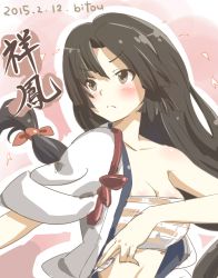 Rule 34 | &gt;:(, 10s, 1girl, arrow (projectile), artist name, bandeau, bare shoulders, bitou (bitoumaturi), breasts, brown eyes, brown hair, character name, cleavage, collarbone, dated, female focus, frown, japanese clothes, kanji, kantai collection, large breasts, long hair, low twintails, midriff, shouhou (kancolle), solo, strapless, tube top, twintails, v-shaped eyebrows
