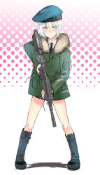 Rule 34 | 1boy, assault rifle, beret, black footwear, blue eyes, bob cut, boots, coin rand, cross-laced footwear, gun, hat, highres, knee boots, lace-up boots, looking at viewer, male focus, original, rifle, short hair, silver hair, trap, weapon, weapon request