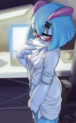 Rule 34 | 1girl, alternate color, blue hair, blush, breasts, colored skin, creatures (company), dr. voir (nanosheep), game freak, gen 3 pokemon, glasses, hair ornament, hairclip, highres, kirlia, lab coat, navel, nintendo, nipples, pokemon, pokemon (creature), red-framed eyewear, red eyes, semi-rimless eyewear, shiny pokemon, sleeves rolled up, small breasts, solo, yunosu ishii