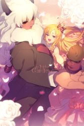 Rule 34 | 1girl, 2boys, asterios (fate), bare shoulders, black sclera, black suit, blonde hair, blush, breasts, colored sclera, crown, dress, echo (circa), europa (fate), fate/grand order, fate (series), flower, formal, horns, long hair, multiple boys, open mouth, orion (bear) (fate), petals, pink dress, purple eyes, red eyes, rose, smile, stuffed animal, stuffed toy, suit, teddy bear, very long hair, white hair