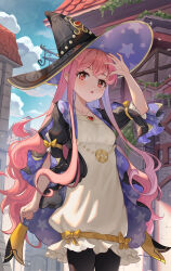 Rule 34 | 1girl, absurdres, al guang, arm up, atelier (series), atelier ayesha, black hat, blue sky, blush, bow, day, dress, hat, highres, jewelry, long hair, necklace, open mouth, outdoors, pentacle, pink hair, print headwear, red eyes, sky, solo, standing, star (symbol), star print, very long hair, white dress, wilbell voll-ersleid, witch, witch hat, yellow bow