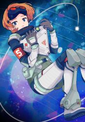 Rule 34 | 1girl, :o, absurdres, animification, apex legends, black gloves, blue eyes, boots, floating, gloves, highres, holding, horizon (apex legends), kansaibito, looking at viewer, open mouth, orange hair, planet, short hair, solo, space, spacesuit, star (sky)