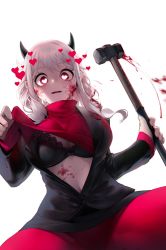 Rule 34 | 1girl, amejaga, bad id, bad twitter id, black bra, black horns, black jacket, blood, blood on face, bloody weapon, bra, breasts, clothes lift, demon girl, demon horns, demon tail, hammer, heart, heart-shaped pupils, helltaker, highres, holding, holding hammer, horns, jacket, looking at viewer, modeus (helltaker), red eyes, red sweater, sweater, sweater lift, symbol-shaped pupils, tail, underwear, weapon, white background, white hair