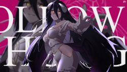 Rule 34 | 1girl, albedo (overlord), ane (seabus tea), artist name, blush, breasts, demon girl, demon horns, demon wings, dress, gloves, glowing, glowing eyes, highres, hip vent, horns, large breasts, long hair, out of frame, overlord (maruyama), parted lips, solo, white dress, white gloves, wings, yellow eyes