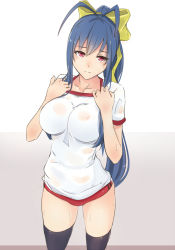 Rule 34 | 1girl, antenna hair, blazblue, blazblue remix heart, blue hair, bluefield, bow, breasts, buruma, female focus, genderswap, genderswap (mtf), gym uniform, hair bow, hair ribbon, hands on own chest, highres, impossible clothes, impossible shirt, large breasts, long hair, looking at viewer, mai natsume, ponytail, red eyes, ribbon, see-through, shirt, simple background, solo, t-shirt, thighhighs, wet, wet clothes, wet shirt, yellow bow