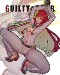 Rule 34 | 1girl, ankh necklace, arms up, artist name, belt, bodysuit, breasts, cleavage, closed mouth, commentary, copyright name, gloves, green eyes, guilty gear, guilty gear strive, high heels, highres, inhoso, jack-o&#039; valentine, lips, long hair, long sleeves, looking at viewer, medium breasts, multicolored hair, red hair, shiny skin, simple background, skin tight, smile, squatting, white bodysuit, white hair, zoom layer