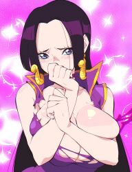 Rule 34 | 1girl, aetherion, bare shoulders, black hair, blue eyes, blush, boa hancock, breasts, breasts squeezed together, cleavage, covering own mouth, earrings, hand over own mouth, highres, huge breasts, jewelry, long hair, looking at viewer, one piece, parted bangs, shiny skin, skindentation, sleeveless, snake, snake earrings, solo, torn clothes