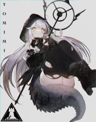 Rule 34 | 1girl, arknights, black thighhighs, blush, character name, crocodilian tail, flower, highres, hood, long hair, looking at viewer, mochii, silver hair, solo, tail, thighhighs, thighs, tomimi (arknights), torn clothes, torn thighhighs, yellow eyes
