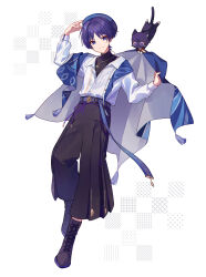 Rule 34 | 1boy, 32 oogawa, arm up, belt, beret, black footwear, black pants, black shirt, black undershirt, blue belt, blue cape, blue hat, blunt ends, boots, buttons, cape, cat, choppy bangs, closed mouth, collared shirt, commentary, covered collarbone, cross-laced footwear, english commentary, eyeshadow, full body, genshin impact, hand up, hat, highres, jewelry, lace-up boots, long sleeves, looking at viewer, makeup, male focus, necklace, official alternate costume, pants, parted bangs, partially unbuttoned, pom pom (clothes), purple eyes, purple hair, purple ribbon, red eyeshadow, ribbon, scaramouche (cat) (genshin impact), scaramouche (genshin impact), shirt, shirt tucked in, short hair, simple background, smile, solo, tassel, turtleneck, undershirt, wanderer (genshin impact), white background, white shirt
