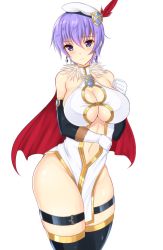 Rule 34 | 1girl, bare shoulders, beret, black thighhighs, blush, breasts, cape, cleavage, cleavage cutout, clothing cutout, cowboy shot, crystal earrings, earrings, elbow gloves, frown, fur trim, gloves, hat, jewelry, large breasts, leona (sennen sensou aigis), looking at viewer, midriff, navel, noeomi, pelvic curtain, purple eyes, purple hair, sennen sensou aigis, short hair, solo, thighhighs, white background, white gloves