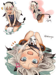 Rule 34 | 1girl, akino shuu, animal, black dress, blonde hair, blush, bow, cat, clothes writing, demon horns, demon tail, demon wings, dress, fake horns, grecale (kancolle), green eyes, hair bow, halloween, halloween costume, horns, kantai collection, long hair, multiple views, official alternate costume, open mouth, pink bow, tail, twitter username, wavy hair, white background, wings