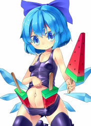 Rule 34 | 1girl, blue eyes, blue hair, breasts, cirno, covered erect nipples, food, fruit, holding, ice, ice wings, matching hair/eyes, mikan (bananoha), navel, one-piece swimsuit, outie navel, popsicle, school swimsuit, short hair, simple background, small breasts, smile, solo, swimsuit, thighhighs, touhou, watermelon, watermelon bar, white background, wings