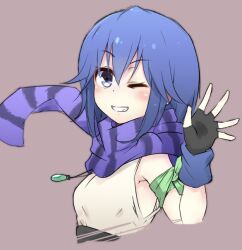 Rule 34 | 1girl, bealphareth, blue eyes, blue hair, breasts, doria (p f dolia), fingerless gloves, gloves, grin, hair between eyes, jessica (bealphareth), jewelry, looking at viewer, necklace, one eye closed, scarf, short hair, simple background, small breasts, smile, solo