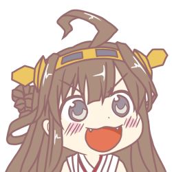 Rule 34 | 10s, 1girl, ahoge, bad id, bad pixiv id, blue eyes, blush, fang, fangs, gyate gyate, hairband, kantai collection, kongou (kancolle), long hair, open mouth, portrait, simple background, smile, solo, tokiaki, v-shaped eyebrows, white background