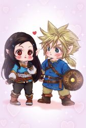 Rule 34 | 1boy, 1girl, belt, black hair, blonde hair, blue eyes, blush, boots, breasts, brown footwear, chibi, cloud strife, cosplay, couple, final fantasy, final fantasy vii, fingerless gloves, full body, gloves, hair ornament, hairclip, heart, highres, holding, holding shield, link, link (cosplay), long hair, long sleeves, low ponytail, medium breasts, multiple belts, nintendo, pointy ears, princess zelda, princess zelda (cosplay), red eyes, shield, shirt, spiked hair, square enix, the legend of zelda, the legend of zelda: breath of the wild, tifa lockhart, tomtom, tunic