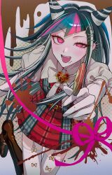 1girl :d absurdres alternate_costume black_hair boots bow bowtie danganronpa_(series) danganronpa_2:_goodbye_despair elbow_gloves fang garter_straps gloves highres holding katahaba_(wawawa_wa_haha) long_hair mioda_ibuki open_mouth pink_eyes pink_hair pink_ribbon ribbon shirt smile solo teeth thighhighs tongue white_bow white_bowtie white_gloves white_hair white_thighhighs