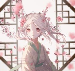 Rule 34 | 1girl, architecture, blurry, cherry blossoms, china dress, chinese clothes, depth of field, dress, east asian architecture, fins, hanfu, head fins, japari symbol, long sleeves, parted bangs, petals, pink eyes, solo, wangzhe rongyao, yao, yuku5