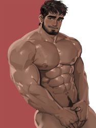 Rule 34 | 1boy, abs, arm hair, ass, bara, beard, blush, chest hair, completely nude, covering privates, covering crotch, cowboy shot, dark-skinned male, dark skin, dopey (dopq), facial hair, head tilt, highres, large pectorals, looking at viewer, male focus, mature male, muscular, muscular male, navel, navel hair, nipples, nude, original, pectorals, pubic hair, pubic hair peek, shiny skin, short hair, shy, solo, stomach, thick eyebrows