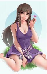 Rule 34 | 1girl, alternate costume, alternate hairstyle, bare arms, bare shoulders, barefoot, beads, belt, blue background, breasts, brown eyes, brown hair, cleavage, curvy, dress, feet, fire emblem, fire emblem awakening, fire emblem heroes, flower, hair beads, hair ornament, highres, holding, holding flower, jackary, long hair, looking at viewer, medium breasts, nintendo, on ground, pale skin, purple dress, ringlets, simple background, sitting, solo, sumia (fire emblem), swept bangs, thick lips, thick thighs, thighs, toes, wariza